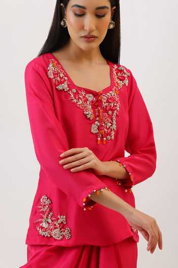 Vidushi Gupta_Fuchsia Silk, Cotton, Modal, Hand Embroidered Short Kurta And Draped Skirt Set _at_Aza_Fashions