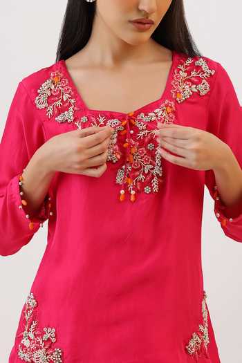 Shop_Vidushi Gupta_Fuchsia Silk, Cotton, Modal, Hand Embroidered Short Kurta And Draped Skirt Set 