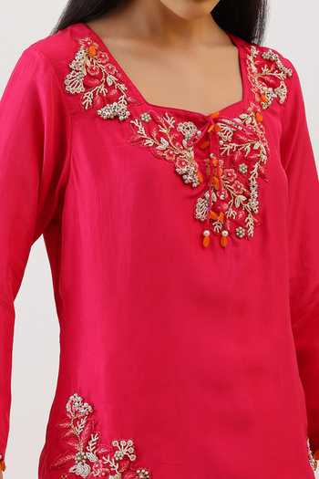 Vidushi Gupta_Fuchsia Silk, Cotton, Modal, Hand Embroidered Short Kurta And Draped Skirt Set _Online