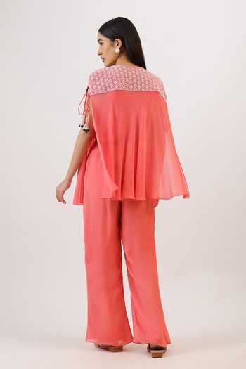 Shop_Vidushi Gupta_Pink Silk, Cotton, Modal, Shantoon Wildflower Floral Embroidered Cape And Pant Set _at_Aza_Fashions