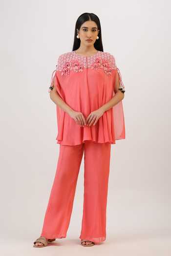 Buy_Vidushi Gupta_Pink Silk, Cotton, Modal, Shantoon Wildflower Floral Embroidered Cape And Pant Set _at_Aza_Fashions