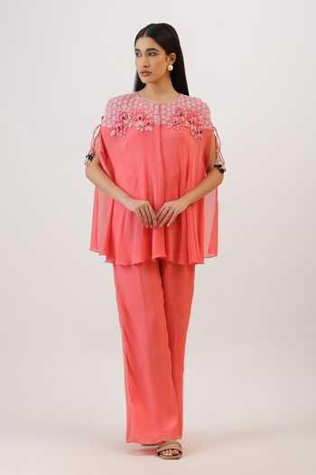 Buy_Vidushi Gupta_Pink Silk, Cotton, Modal, Shantoon Wildflower Floral Embroidered Cape And Pant Set _Online_at_Aza_Fashions