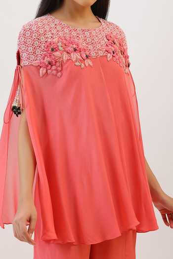 Vidushi Gupta_Pink Silk, Cotton, Modal, Shantoon Wildflower Floral Embroidered Cape And Pant Set _at_Aza_Fashions