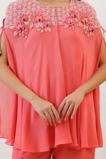 Shop_Vidushi Gupta_Pink Silk, Cotton, Modal, Shantoon Wildflower Floral Embroidered Cape And Pant Set 