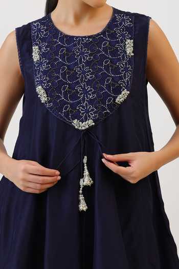Shop_Vidushi Gupta_Purple Silk, Cotton, Modal Round Neck Floral Threadwork Kurta And Dhoti Pant Set 