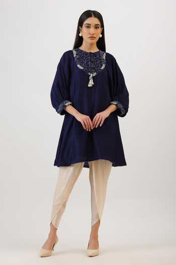 Buy_Vidushi Gupta_Purple Silk, Cotton, Modal, Shantoon Round Threadwork Kurta And Dhoti Pant Set _at_Aza_Fashions