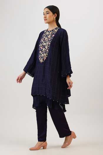 Vidushi Gupta_Purple Silk, Modal Round Neck Zardosi Embroidered Yoke Kurta And Pant Set _Online_at_Aza_Fashions