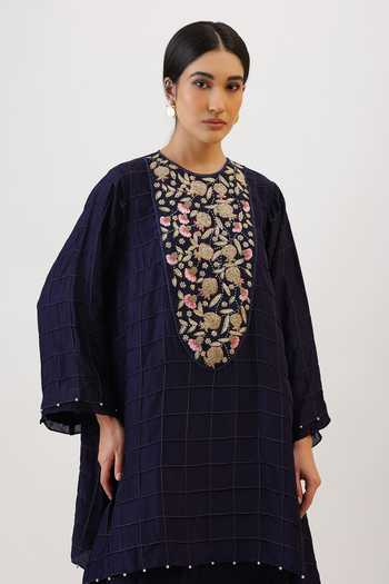 Vidushi Gupta_Purple Silk, Modal Round Neck Zardosi Embroidered Yoke Kurta And Pant Set _at_Aza_Fashions