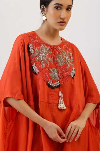 Vidushi Gupta_Orange Silk, Modal, Shantoon Blooming Floral Embroidered Cape And Dhoti Pant Set _Online_at_Aza_Fashions