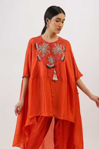 Buy_Vidushi Gupta_Orange Silk, Modal, Shantoon Blooming Floral Embroidered Cape And Dhoti Pant Set _Online_at_Aza_Fashions