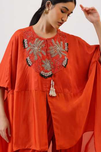 Vidushi Gupta_Orange Silk, Modal, Shantoon Blooming Floral Embroidered Cape And Dhoti Pant Set _at_Aza_Fashions