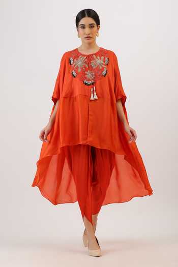 Buy_Vidushi Gupta_Orange Silk, Modal, Shantoon Blooming Floral Embroidered Cape And Dhoti Pant Set _at_Aza_Fashions
