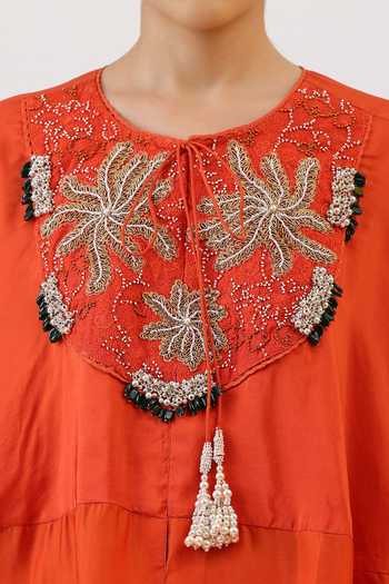 Shop_Vidushi Gupta_Orange Silk, Modal, Shantoon Blooming Floral Embroidered Cape And Dhoti Pant Set 