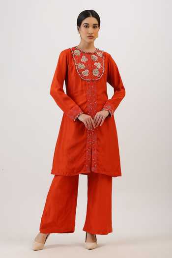 Buy_Vidushi Gupta_Orange Silk, Modal Round Neck, Blossoming Botanical Embroidered Kurta And Pant Set _at_Aza_Fashions