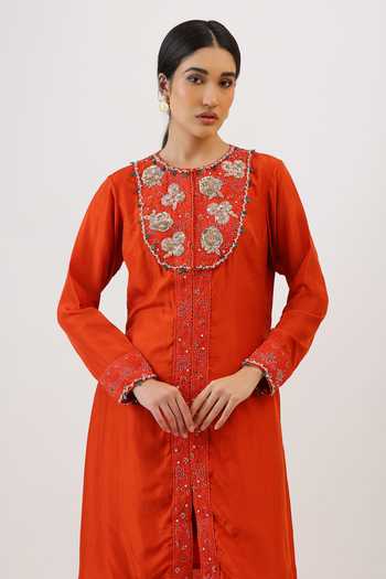 Buy_Vidushi Gupta_Orange Silk, Modal Round Neck, Blossoming Botanical Embroidered Kurta And Pant Set 