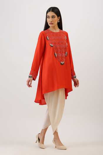 Vidushi Gupta_Orange Silk, Modal, Shantoon Floral Threadwork Asymmetric Kurta And Dhoti Pant Set _at_Aza_Fashions