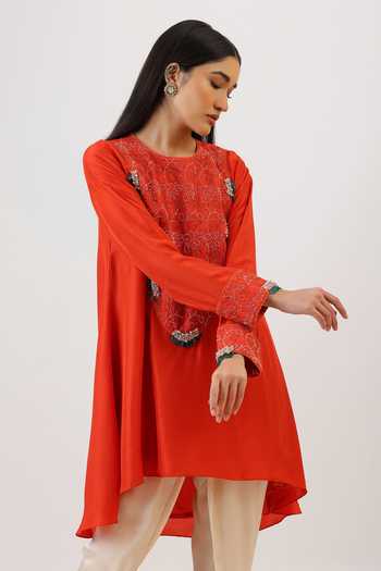 Shop_Vidushi Gupta_Orange Silk, Modal, Shantoon Floral Threadwork Asymmetric Kurta And Dhoti Pant Set 