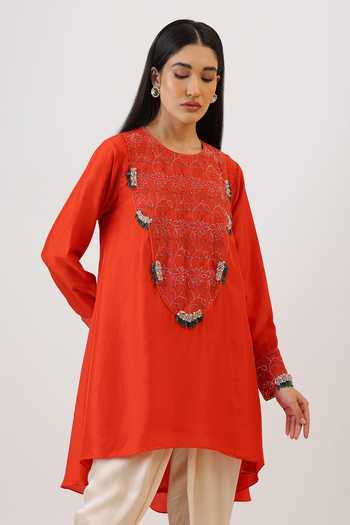 Buy_Vidushi Gupta_Orange Silk, Modal, Shantoon Floral Threadwork Asymmetric Kurta And Dhoti Pant Set _Online
