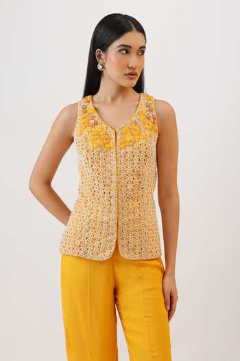 Buy_Vidushi Gupta_Yellow Silk, Modal, Cotton Wildflower Honeycomb Embroidered Jacket And Pant Set _Online_at_Aza_Fashions