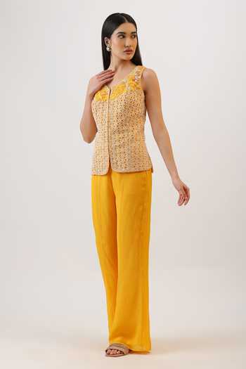 Vidushi Gupta_Yellow Silk, Modal, Cotton Wildflower Honeycomb Embroidered Jacket And Pant Set _at_Aza_Fashions