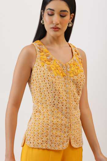 Shop_Vidushi Gupta_Yellow Silk, Modal, Cotton Wildflower Honeycomb Embroidered Jacket And Pant Set 
