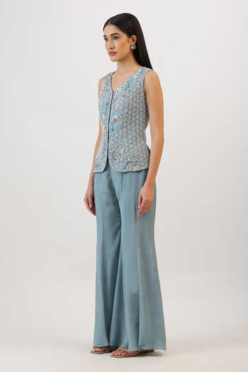 Vidushi Gupta_Blue Silk, Cotton, Modal Floral Honeycomb Embroidered Jacket And Sharara Set _Online_at_Aza_Fashions