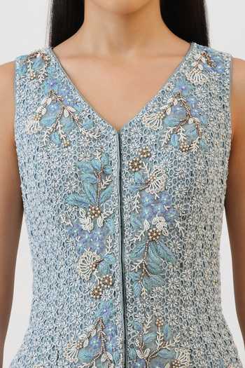 Buy_Vidushi Gupta_Blue Silk, Cotton, Modal Floral Honeycomb Embroidered Jacket And Sharara Set 