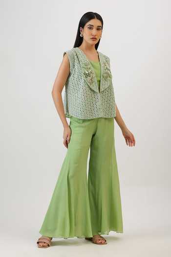 Buy_Vidushi Gupta_Green Silk, Modal, Shantoon Shawl Neck, Floral Embroidered Jacket And Sharara Set _at_Aza_Fashions
