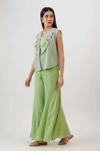 Buy_Vidushi Gupta_Green Silk, Modal, Shantoon Shawl Neck, Floral Embroidered Jacket And Sharara Set _Online_at_Aza_Fashions