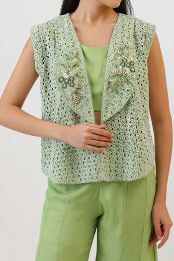 Vidushi Gupta_Green Silk, Modal, Shantoon Shawl Neck, Floral Embroidered Jacket And Sharara Set _at_Aza_Fashions