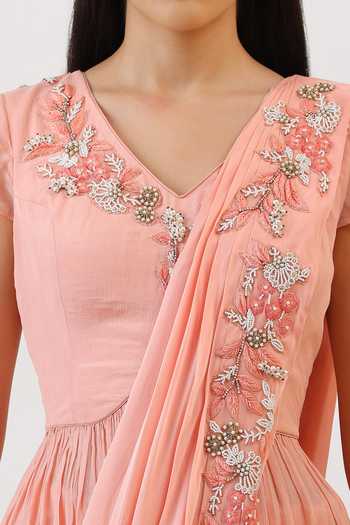 Vidushi Gupta_Pink Silk, Cotton, Modal, Shantoon Hand Embroidered Peplum Kurta Gharara Set _Online