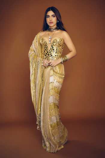 Shop_Itrh_Green Crepe, Net, Tissue Mirrors Kanakjyoti Pre-draped Saree With Corset _at_Aza_Fashions