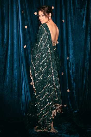 Shop_Itrh_Green Lampi One Shoulder Vanamala Chikankari Saree With Blouse _at_Aza_Fashions