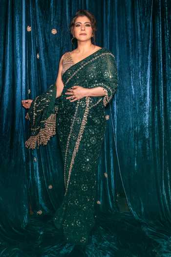 Buy_Itrh_Green Lampi One Shoulder Vanamala Chikankari Saree With Blouse _at_Aza_Fashions