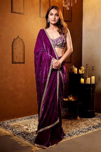 Shop_Dajwaree_Purple Silk, Crepe, Velvet Embroidery V-neck Nalini Border Saree With Blouse 