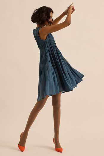 Buy_Kharakapas_Navy Muslin (mulmul) Round Neck Aegean Pleated Flared Dress _Online_at_Aza_Fashions