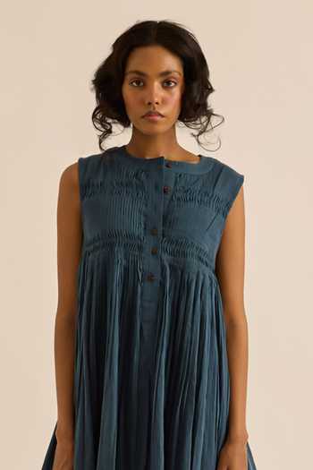 Shop_Kharakapas_Navy Muslin (mulmul) Round Neck Aegean Pleated Flared Dress _Online_at_Aza_Fashions