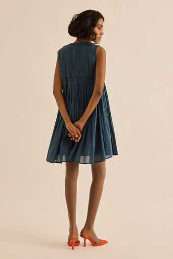 Shop_Kharakapas_Navy Muslin (mulmul) Round Neck Aegean Pleated Flared Dress _at_Aza_Fashions