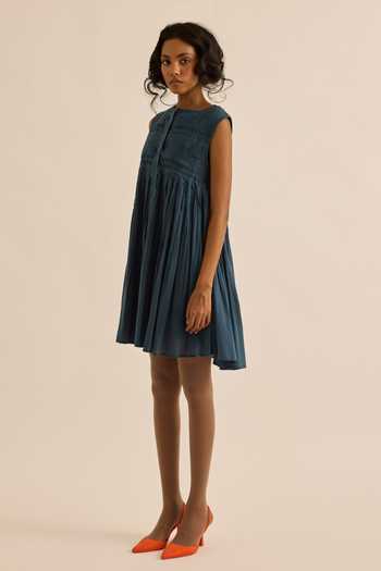 Buy_Kharakapas_Navy Muslin (mulmul) Round Neck Aegean Pleated Flared Dress 