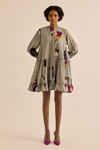Kharakapas_Grey Muslin (mulmul) Button-down Neck Florentina Watercolor Print Dress _at_Aza_Fashions