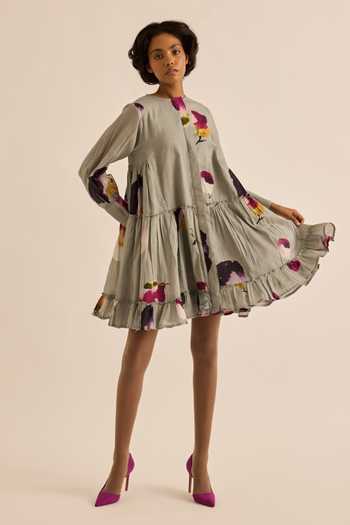 Buy_Kharakapas_Grey Muslin (mulmul) Button-down Neck Florentina Watercolor Print Dress 