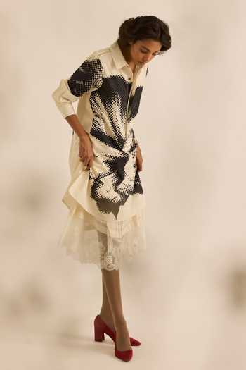 Kharakapas_Black Poplin Collared Neck Baccara Floral Print Shirt Dress _at_Aza_Fashions