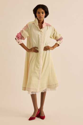 Buy_Kharakapas_Multi Color Muslin Collared Neck Aube Pastel Block Print Shirt Dress _at_Aza_Fashions