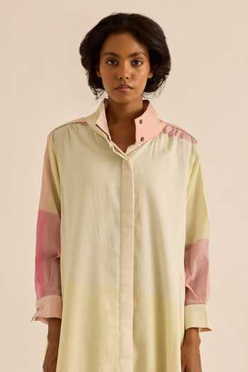 Kharakapas_Multi Color Muslin Collared Neck Aube Pastel Block Print Shirt Dress _Online_at_Aza_Fashions