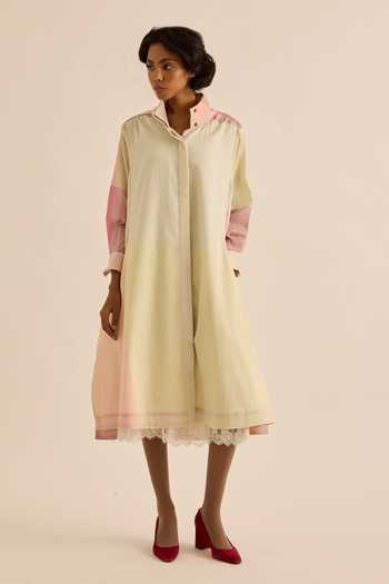 Shop_Kharakapas_Multi Color Muslin Collared Neck Aube Pastel Block Print Shirt Dress _Online_at_Aza_Fashions