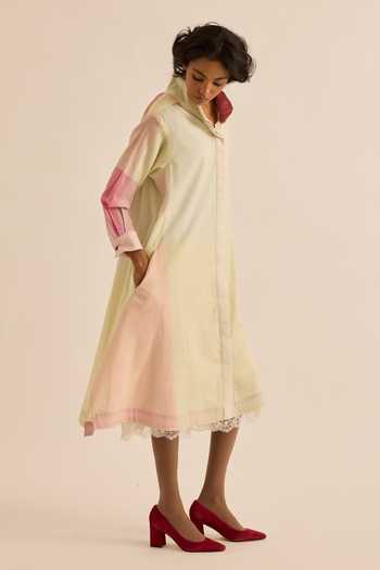 Kharakapas_Multi Color Muslin Collared Neck Aube Pastel Block Print Shirt Dress _at_Aza_Fashions