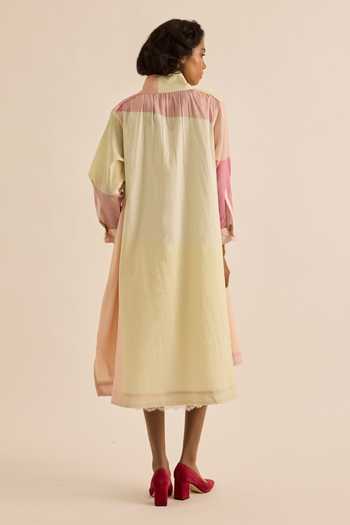 Shop_Kharakapas_Multi Color Muslin Collared Neck Aube Pastel Block Print Shirt Dress _at_Aza_Fashions