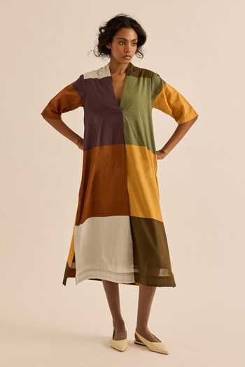 Buy_Kharakapas_Multi Color Muslin (mulmul) V-neck Marl Block Paneled Dress _at_Aza_Fashions