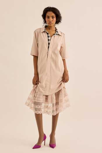 Buy_Kharakapas_Pink Muslin (mulmul) Collared Neck Opal Contrast Linig Shirt Dress _at_Aza_Fashions