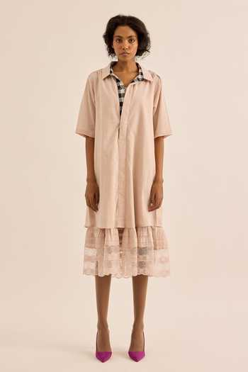 Kharakapas_Pink Muslin (mulmul) Collared Neck Opal Contrast Linig Shirt Dress _Online_at_Aza_Fashions